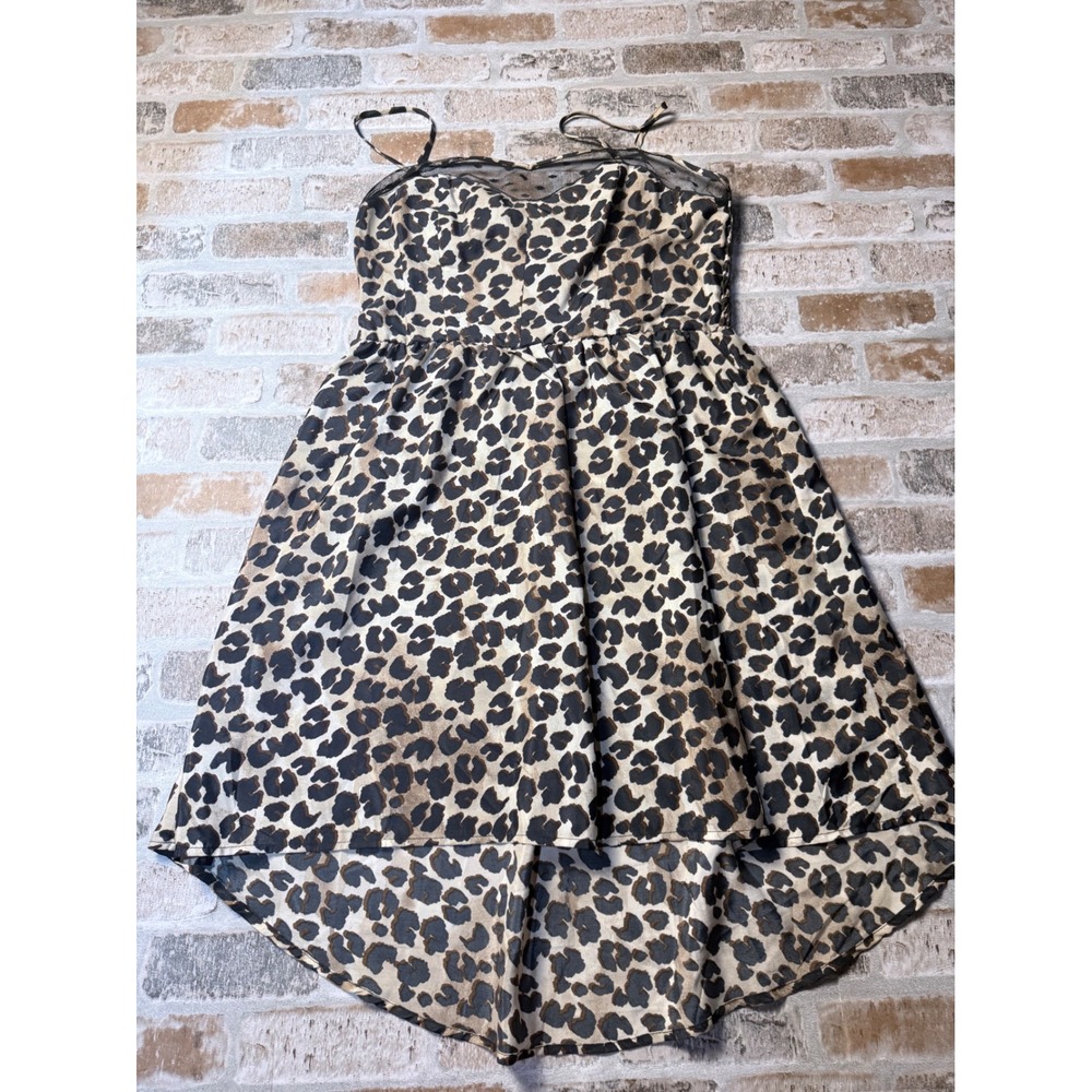 Xhilaration Leopard Print High-Low Dress Medium Tan Black Mesh Trim Smocked Back